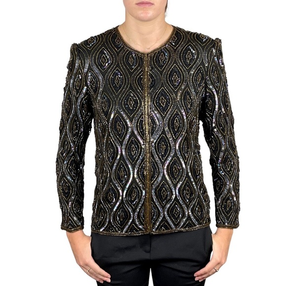 STENAY VINTAGE BEADED SEQUIN GEOMETRIC SILK EMBELLISHED HOLIDAY EVENING JACKET - Picture 1 of 16